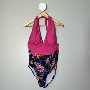 Cupshe Night Orchid Halter Neck Tummy Control One Piece Pink Navy Floral XXL NWT
